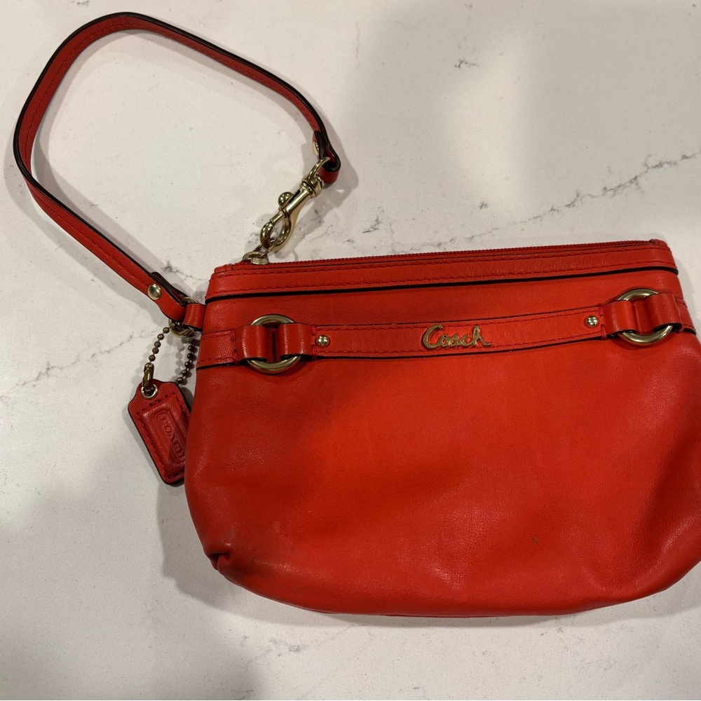 Coach Dark Coral Gold Tone Accents Leather Purse Pouch Wristlet